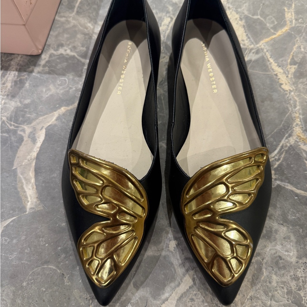 Sophia Webster Black Flats with Gold butterflies 7.5
